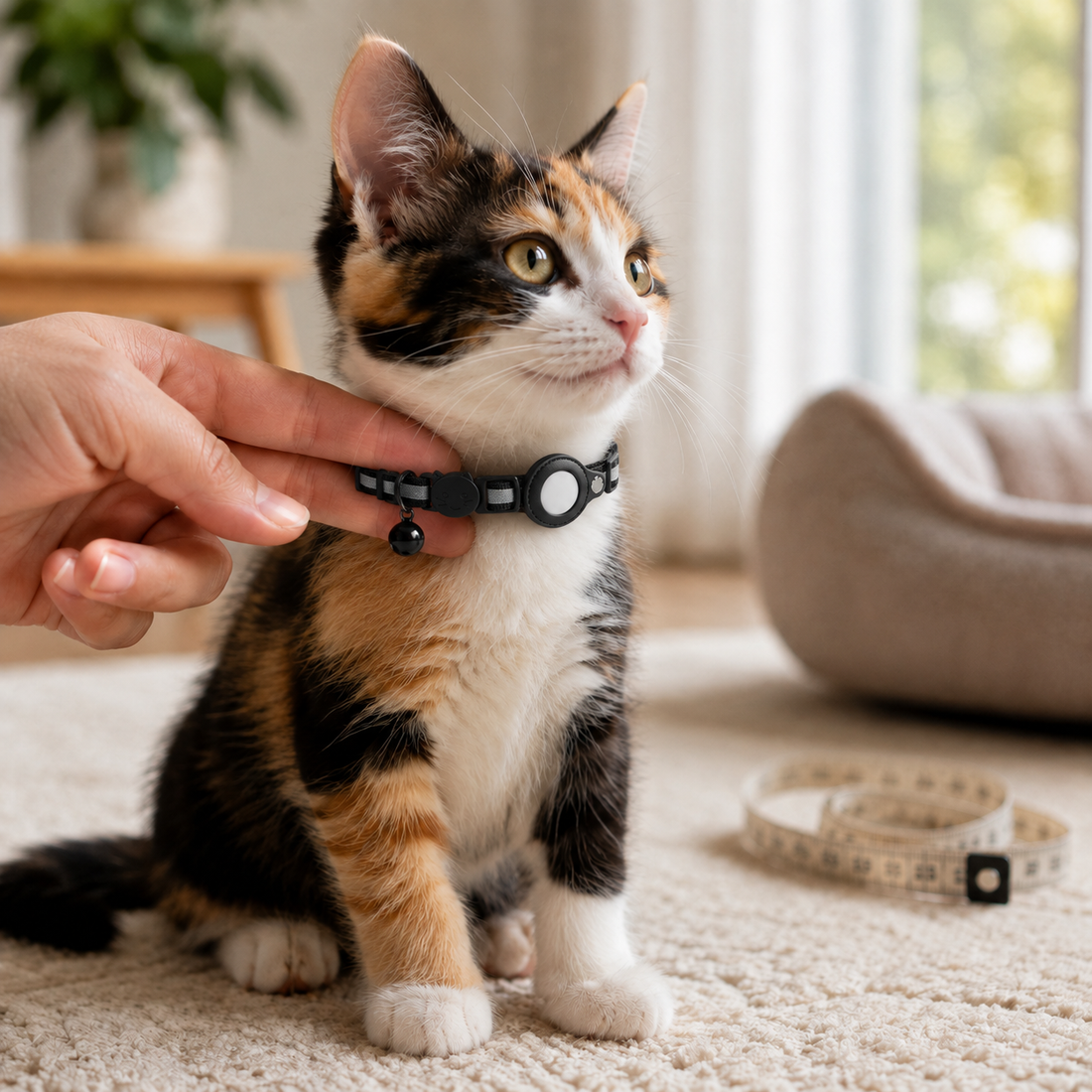Calico kitten wearing a reflective quick-release tracker collar while its owner checks the fit with two fingers