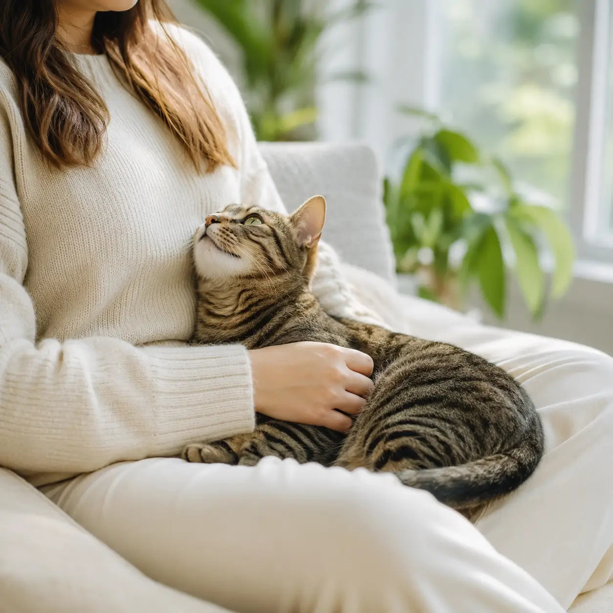 A pet owner spending time with their cat