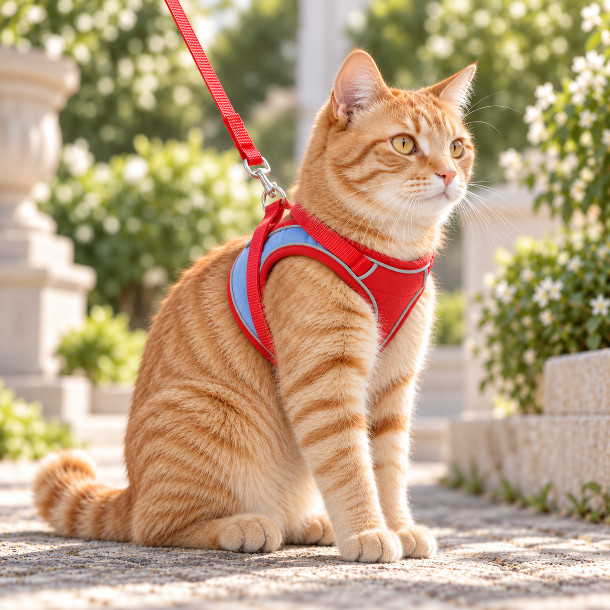 Ginger cat wearing the red and blue harness with a leash attached, sitting on a garden path